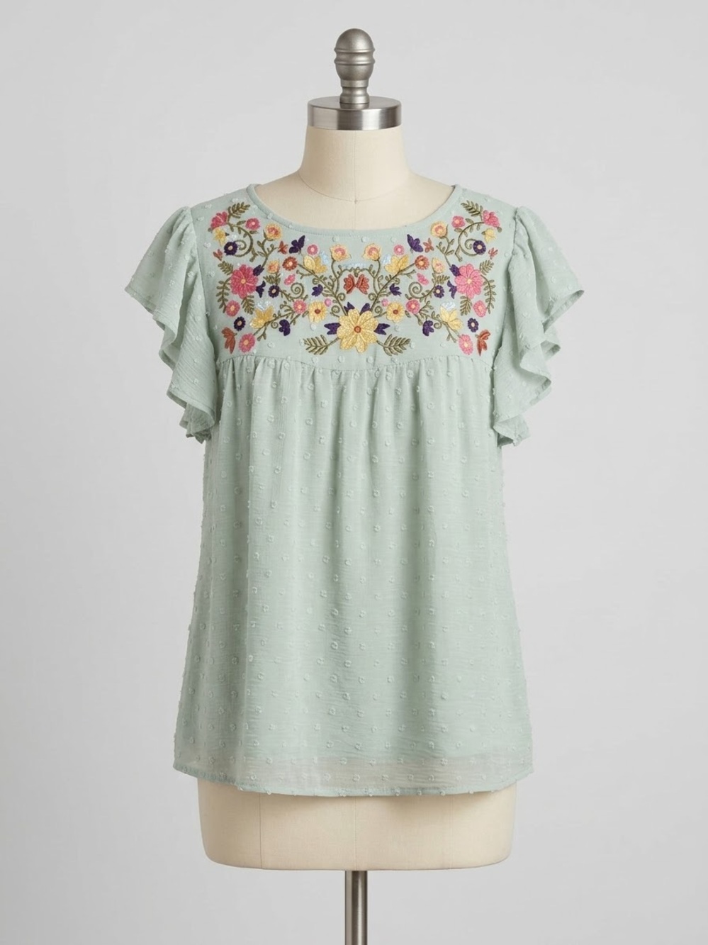 JODIFL Mint Green Embroidered Flutter Sleeve Top